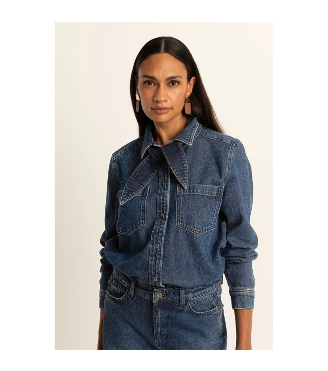 Expresso Blouse denim with bow EX351 Dark blue denim
