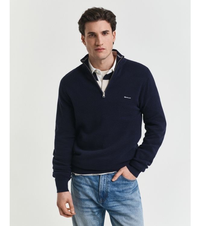 Gant Cotton Piqué Half-Zip Sweater 433 evening blue