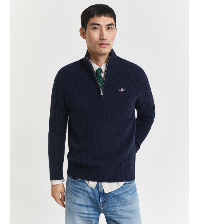 Gant Lambswool Cable Knit Half-Zip Sweater 433 evening blue