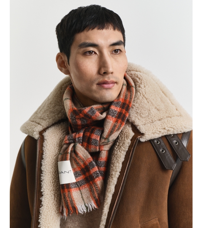Gant Checked Wool Herringbone Scarf 845 deep orange