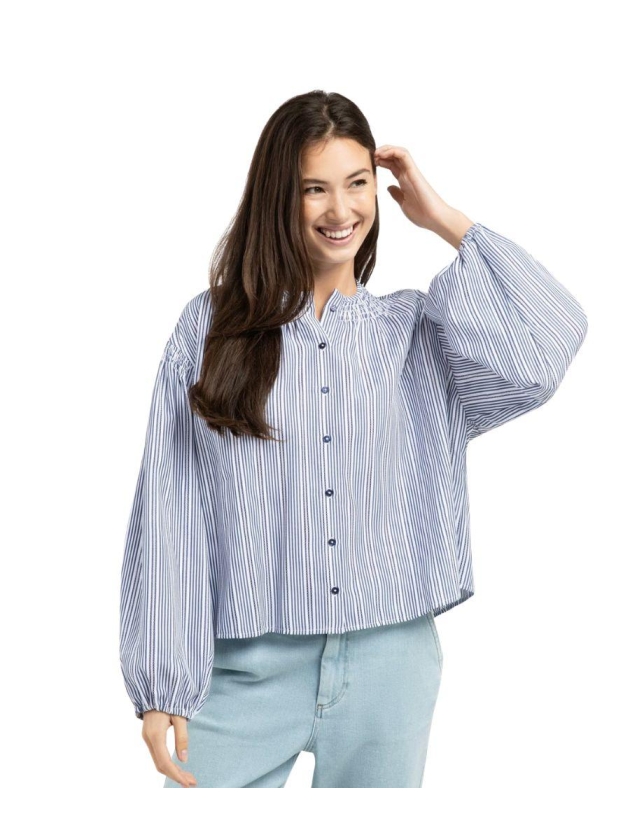 Yaya Gestreepte blouse met plooien 939231 Navy blazer dessin