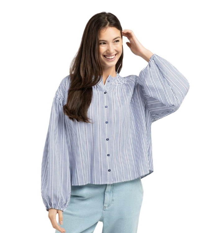 Yaya Gestreepte blouse met plooien 939231 Navy blazer dessin