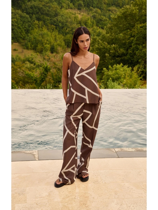 Yaya Woven printed wide leg trouser 912161 Chocolate martini brown dess