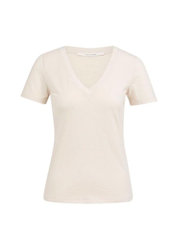 Yaya Short sleeve V-neck t-shirt wi 99067 Cloud creme white