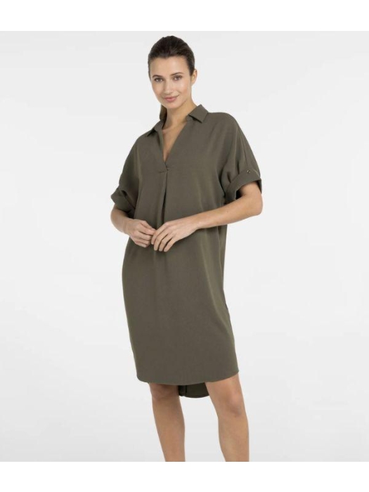 Yaya V-neck dress with pleated slee 99065 Army green
