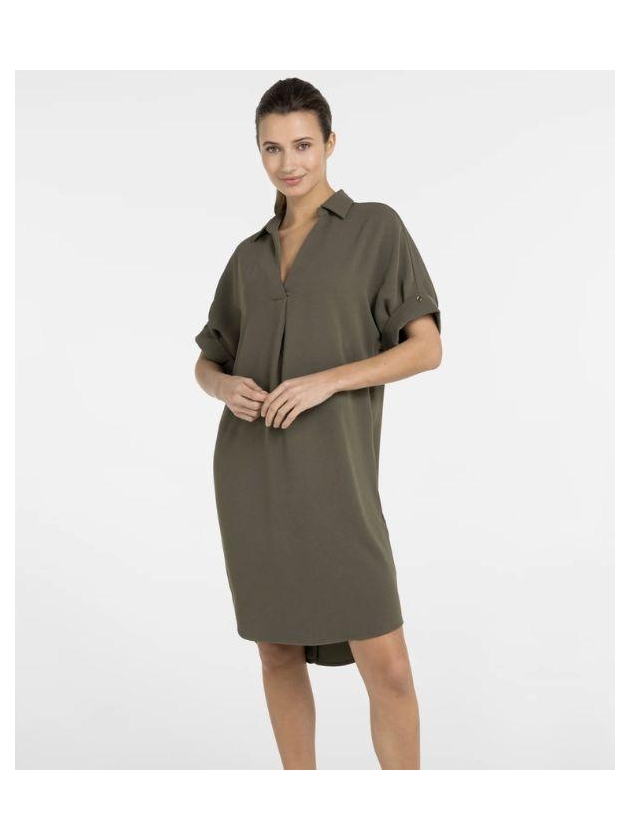 Yaya V-neck dress with pleated slee 99065 Army green