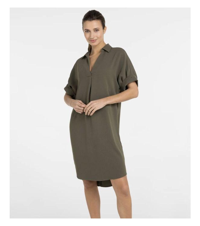 Yaya V-neck dress with pleated slee 99065 Army green
