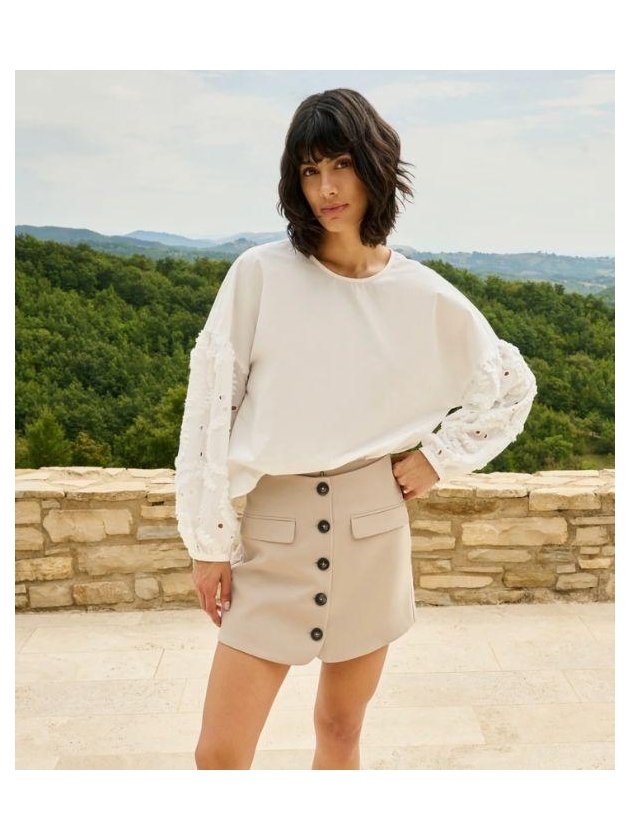 Yaya Top with embroidered sleeve 99066 Snowfade white