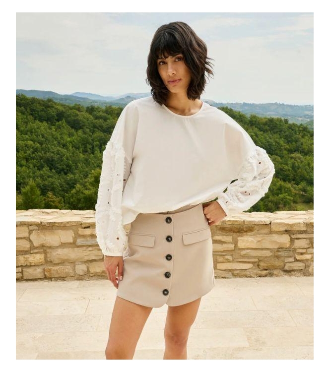 Yaya Top with embroidered sleeve 99066 Snowfade white