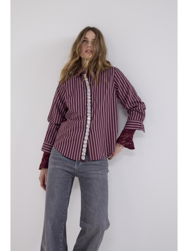 Tramontana Striped Blouse Strass Placket 004580 Pomegranate