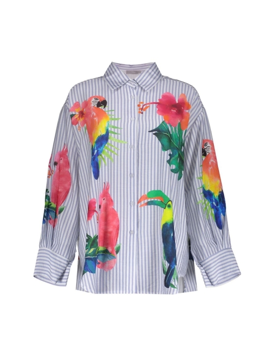 Geisha Blouse stripes & birds 600 Light blue