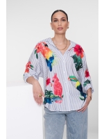 Geisha Blouse stripes & birds 600 Light blue