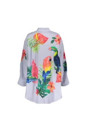 Geisha Blouse stripes & birds 600 Light blue