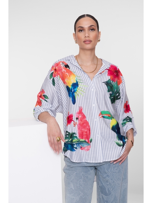 Geisha Blouse stripes & birds 600 Light blue