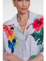 Geisha Blouse stripes & birds 600 Light blue