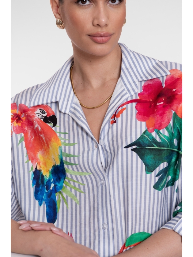Geisha Blouse stripes & birds 600 Light blue