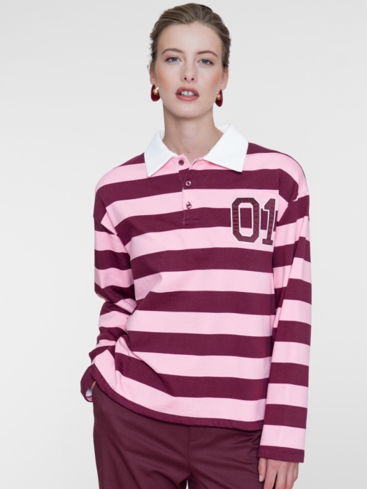 Geisha Sweat striped with collar 000180 Burgundy