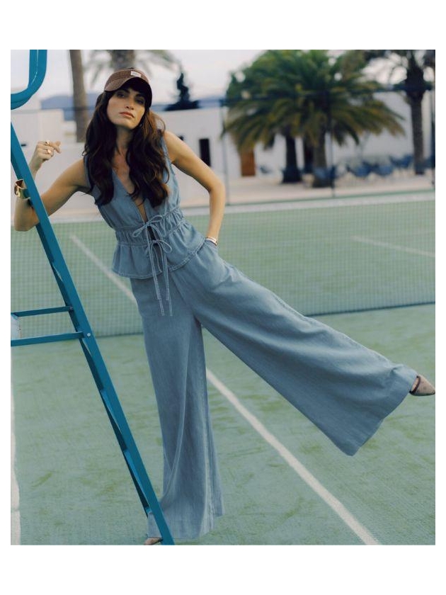 Josh V SEA fitted top with peplum 948 mid blue denim