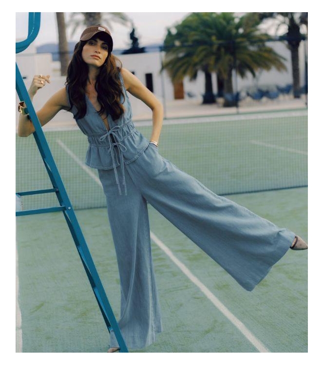 Josh V SEA fitted top with peplum 948 mid blue denim