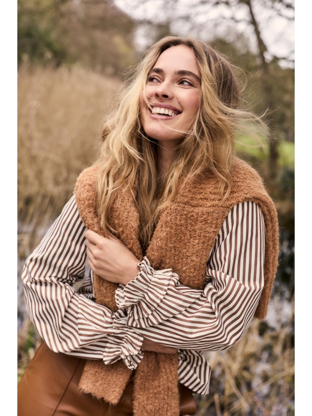 Tramontana Striped Blouse Ruffled Cuffs 002550 Cinnamon