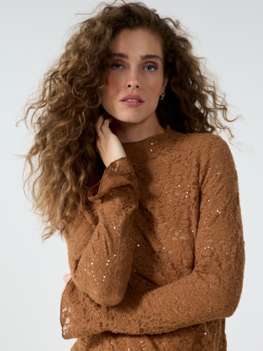 Tramontana Flared-Cuff Lace Top 002550 Cinnamon
