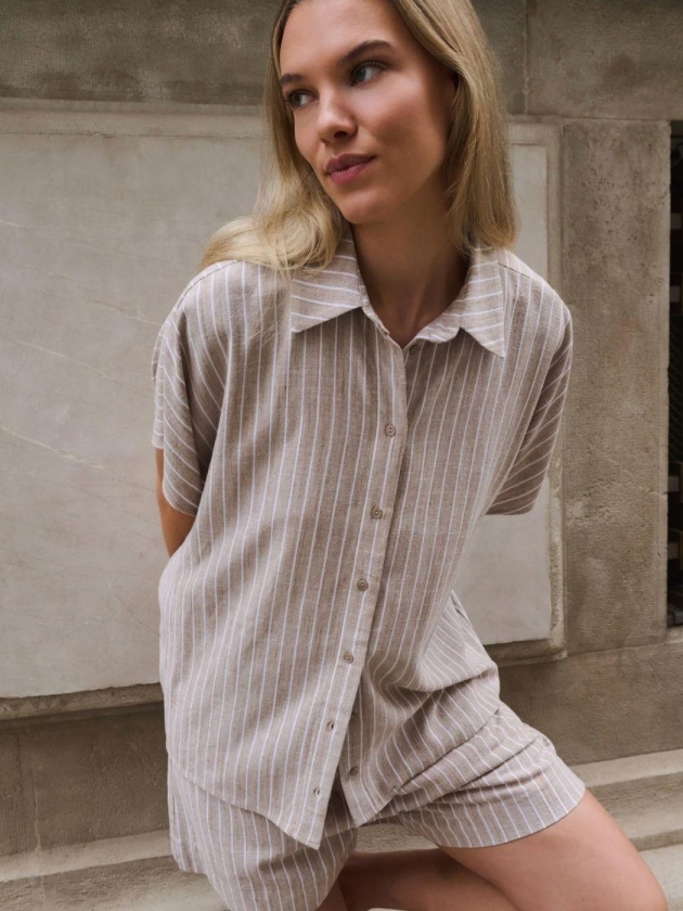 Yaya Gestreepte blouse met korte mo 990751 Safari brown dessin