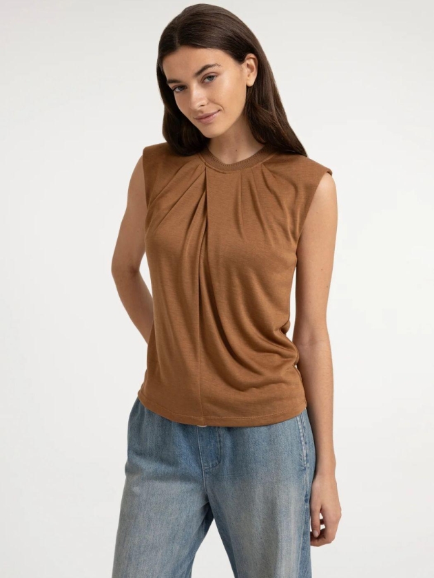 Yaya Mouwloos topje met geplooide h foxtrot brown