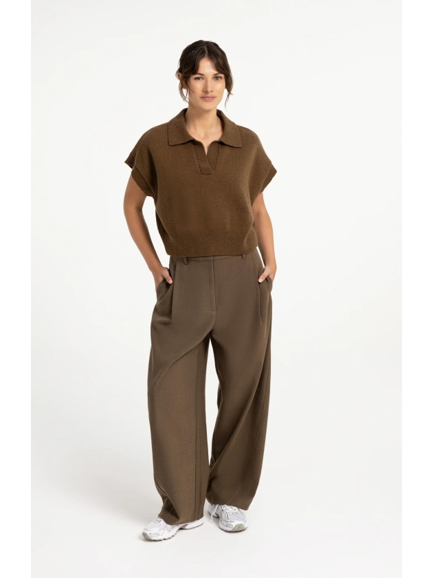 Yaya Geweven broek met rechte pijpe 906172 Teak brown melange