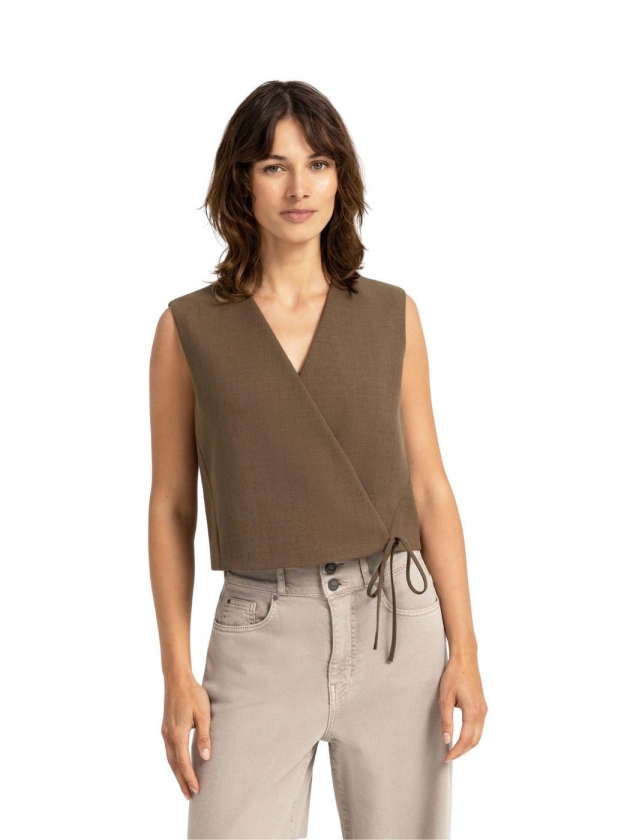 Yaya Geweven gilet met overslageffe 906172 Teak brown melange