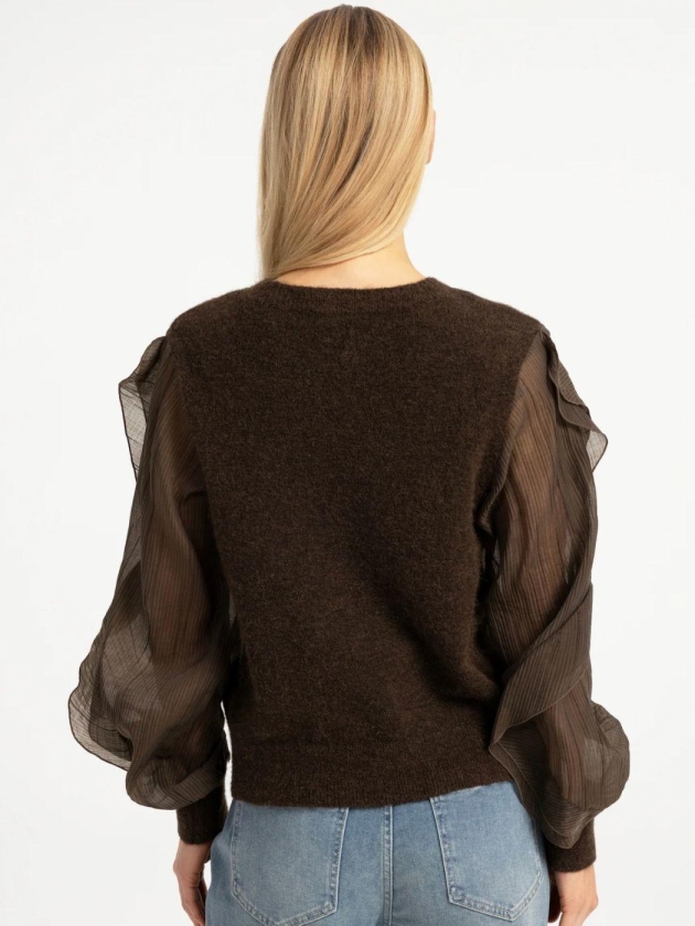 Yaya Gebreide trui met geweven mouw 90814 Slate black brown