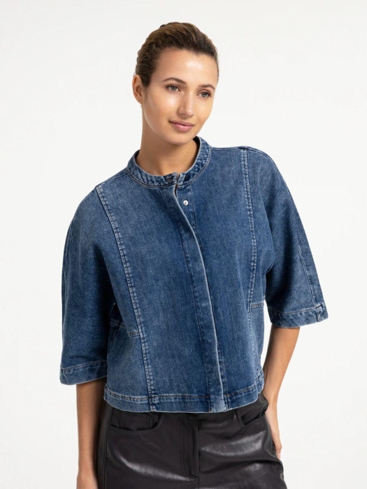 Yaya Denim blouse met korte mouwen 99024 Dark blue denim