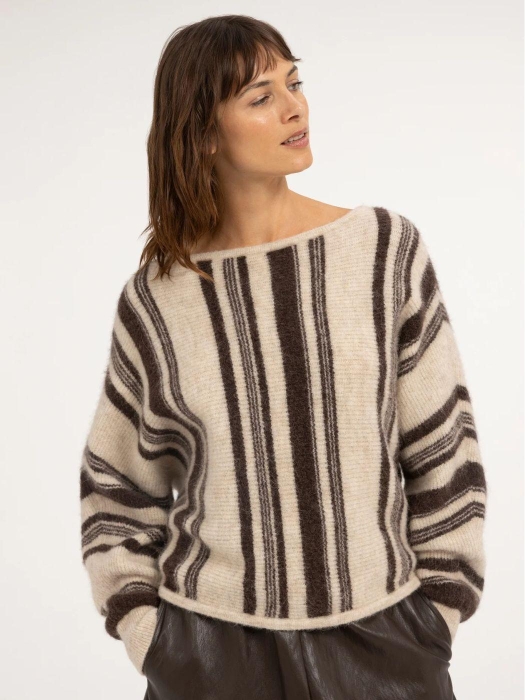 Yaya Gebreide trui met boothals 990901 Light beige dessin