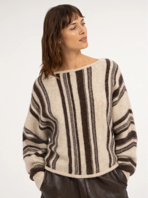 Yaya Gebreide trui met boothals 990901 Light beige dessin