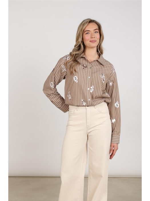 NUKUS Newport Blouse Stripe Flower 340 taupe/offwhite