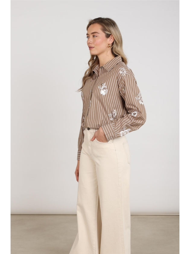 NUKUS Newport Blouse Stripe Flower 340 taupe/offwhite