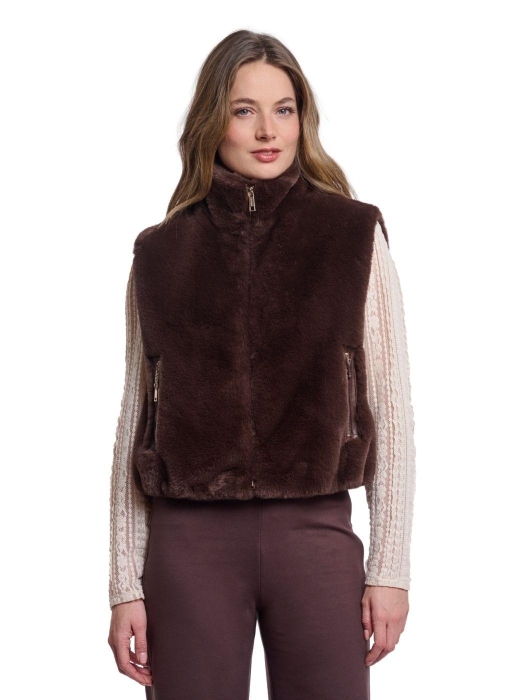Rino en Pelle Short faux fur waistcoat 11099 coffee roast