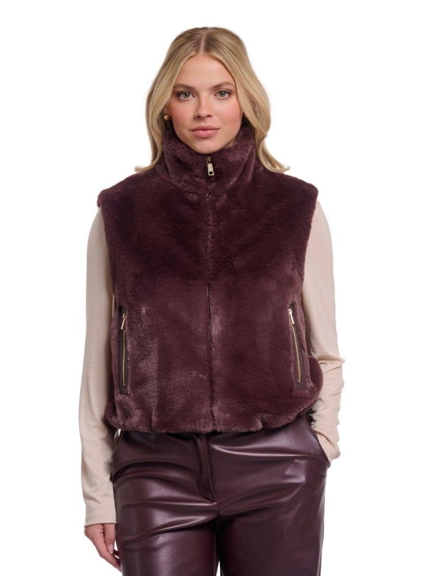 Rino en Pelle Short faux fur waistcoat 10873 chocolate bean