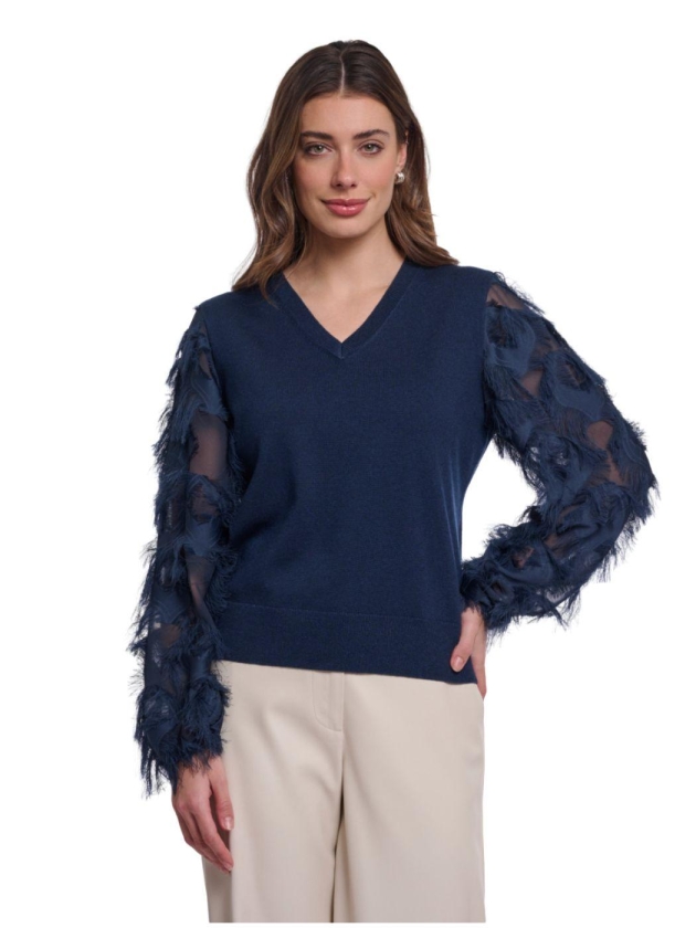 Rino en Pelle Knitted pullover with fancy long sleeves 10175 dark navy
