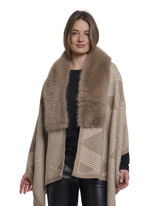 Rino en Pelle Printed cape with faux fur 11107 birch toffee