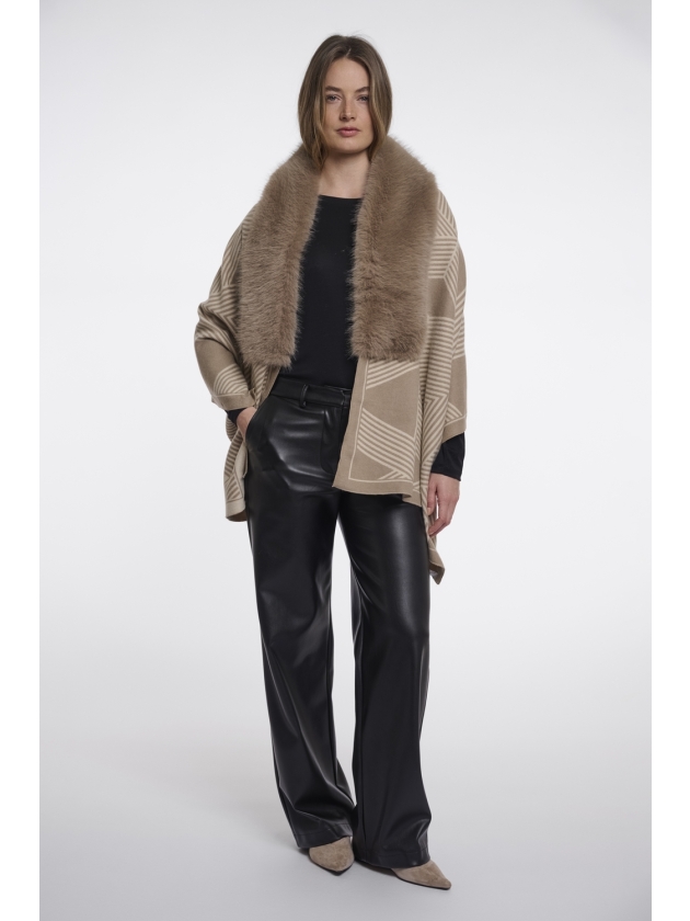 Rino en Pelle Printed cape with faux fur 11107 birch toffee
