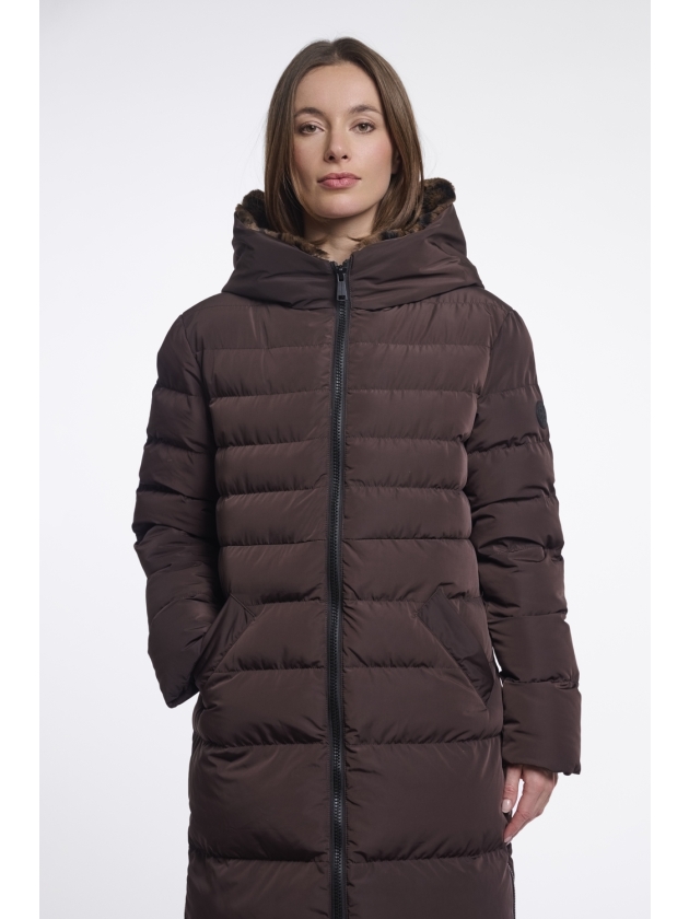 Rino en Pelle Long padded hooded coat 11137 peated brown leopard