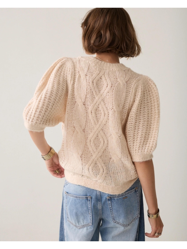Summum Woman Puff sleeve sweater Cozy cable knit 122 Ivory
