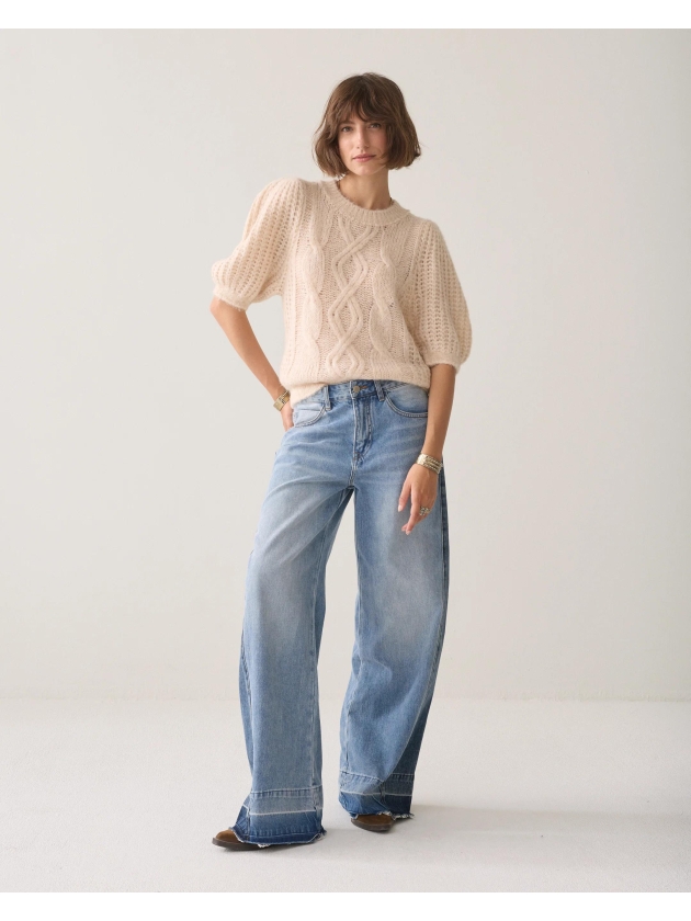 Summum Woman Puff sleeve sweater Cozy cable knit 122 Ivory