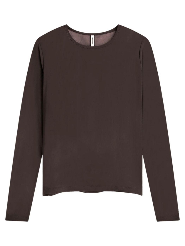 Summum Woman Round Neck Top Long Sleeve Mesh Solid 754 Dark chocolate