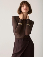 Summum Woman Round Neck Top Long Sleeve Mesh Solid 754 Dark chocolate