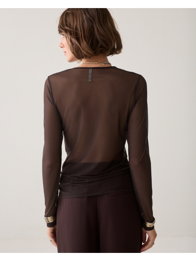 Summum Woman Round Neck Top Long Sleeve Mesh Solid 754 Dark chocolate