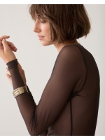 Summum Woman Round Neck Top Long Sleeve Mesh Solid 754 Dark chocolate