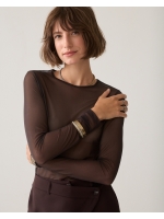 Summum Woman Round Neck Top Long Sleeve Mesh Solid 754 Dark chocolate