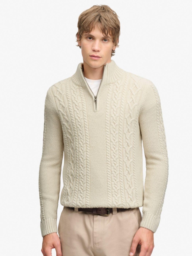 Superdry JACOB CABLE HALF ZIP KNIT 39E Ecru